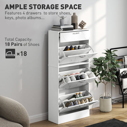 HOMCOM Marble Shoe Storage Cabinet with 3 Flip Drawers, Hallway Cabinet with Top Drawer and Adjustable Shelves, Shoe Cupboard for 18 Pairs, White