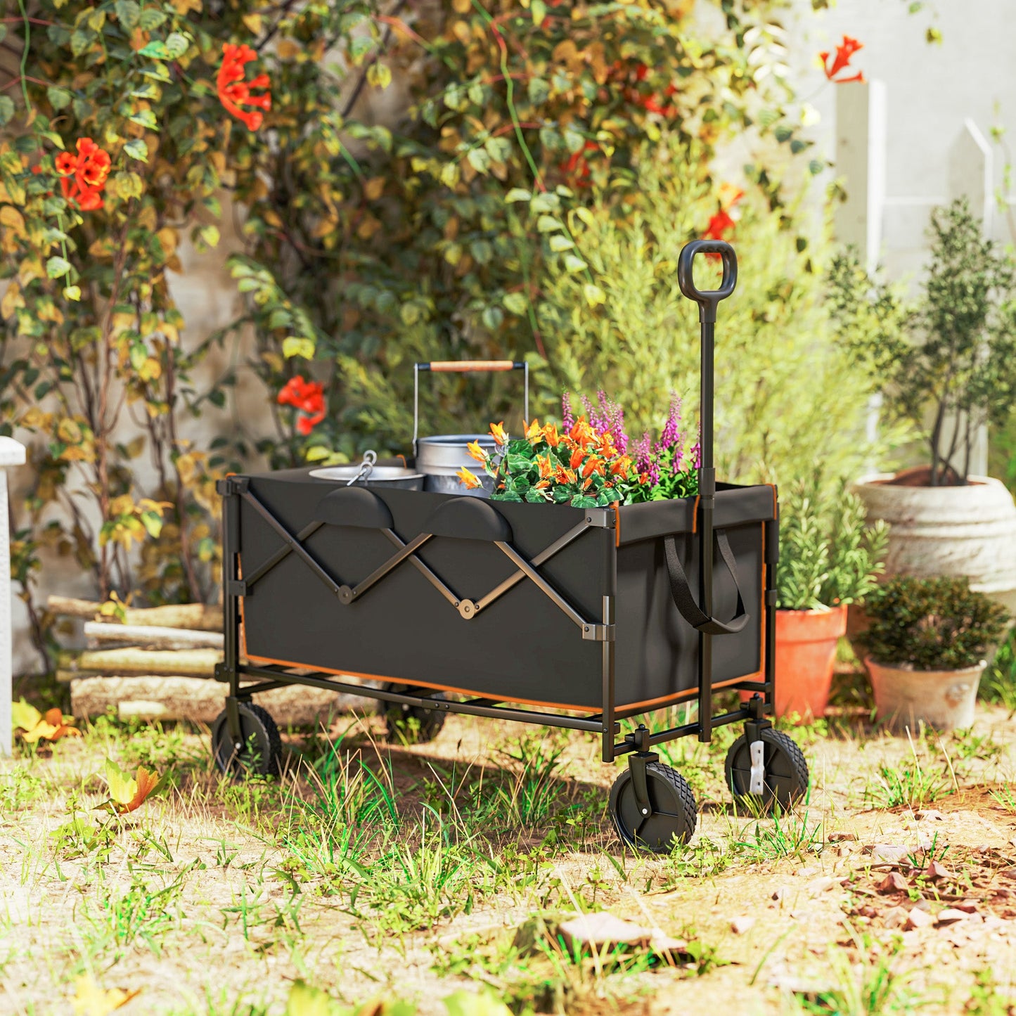 Outsunny 160L Festival Trolley on Wheels, Folding Camping Trolley Cart w/ Tailgate, 100kg Heavy Duty Garden Collapsible Folding Wagon w/Adjustable Handle, Carry Bag for Beach Picnic, Black and Orange