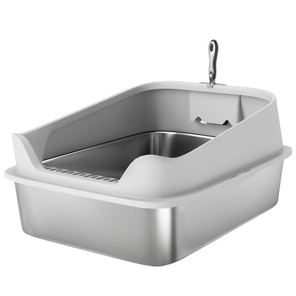 PawHut XXL Stainless Steel Cat Litter Box with High Sides, Metal Scoop, 70 x 50 x 30 cm