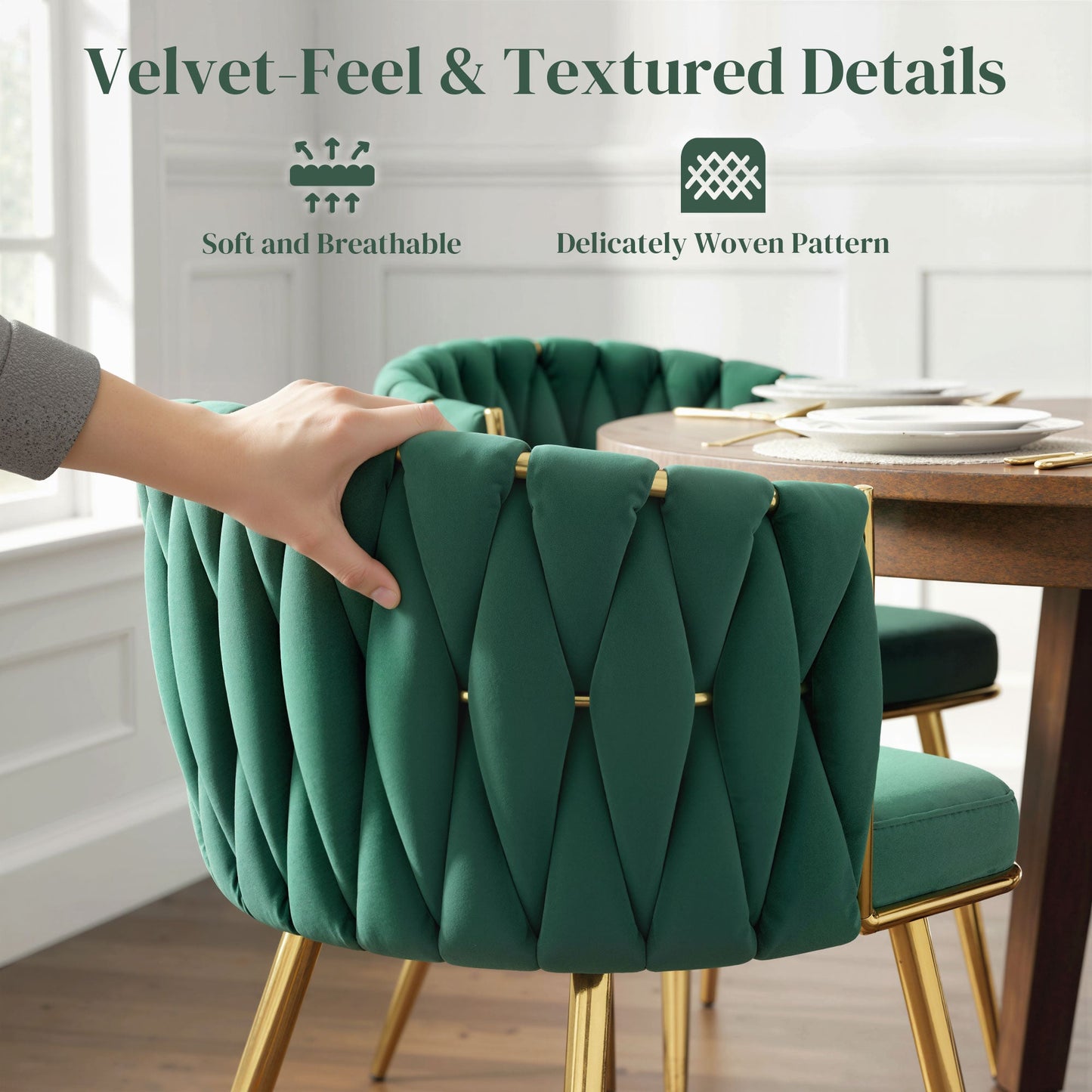 HOMCOM Velvet-Feel Dining Chairs Set of 2, Modern Upholstered Armchair with Knot Design and Golden Metal Legs, Accent Chair for Dining Room, Bedroom, Kitchen, Living Room, Dark Green