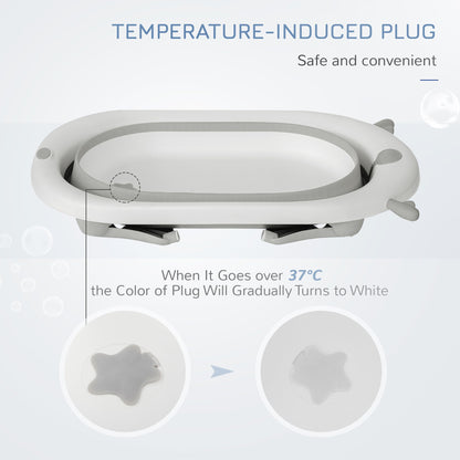 HOMCOM Foldable Baby Bathtub Set, Collapsible Bath Tub with Thermostatic Water Plug, Non-Slip Support, Cushion Pad, Drain Plugs, for Newborn to 3 Years - Offwhite