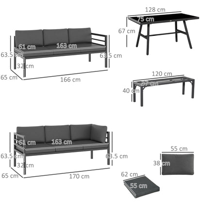 Outsunny\'c2\'a04\'c2\'a0Piece\'c2\'a0L-shaped Garden Furniture Set 8-Seater Aluminium Outdoor Dining Set Conversation Sofa Set w/ Bench, Dining Table & Cushions,\'c2\'a0Grey