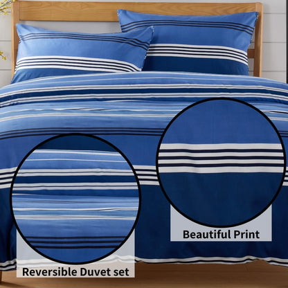 Harlow Stripes Blue Duvet Cover Set with Pillowcases Breathable Polyester Button Closure Bedding Available in Single Double and King Sizes by OLIVIA ROCCO