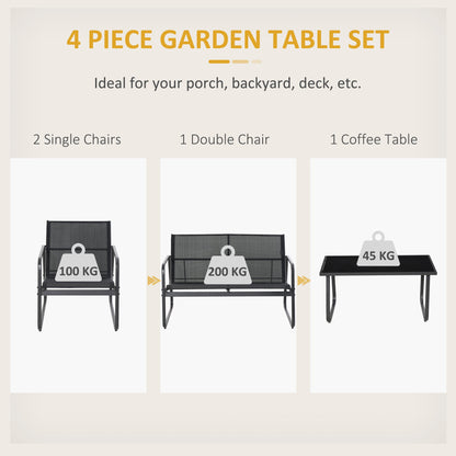 Outsunny 4 Piece Garden Furniture Set Outdoor Patio Sofa Set with Double Chair, Single Chairs and Glass Top Table for Terrace and Balcony, Black