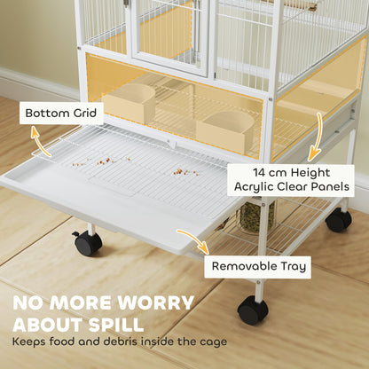 PawHut Bird Cage with Rolling Stand, Acrylic Viewing Panels, Storage Shelf, for Budgie, Parakeet, 48 x 46 x 83 cm