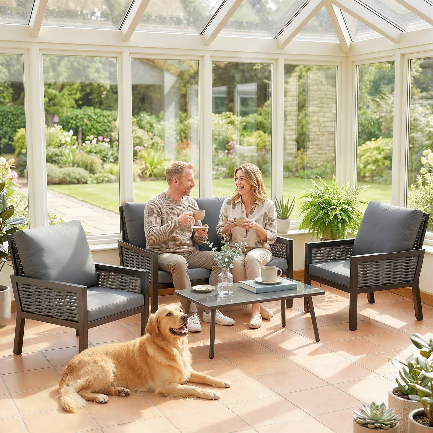 Outsunny 4 Seater Rattan Garden Furniture Set with 2 Armchairs, Loveseat, Coffee Table, Garden Sofa Set with Cushions, Dark Grey