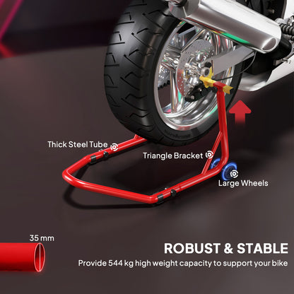 HOMCOM Motorcycle Rear Wheel Stand, 544 kg Capacity Heavy Duty Steel Motorbike Motorcycle Paddock Stand Lift with Adjustable U + L Forks, Wheels, Non-Slip Pads for Workshop Garage Repair, Red