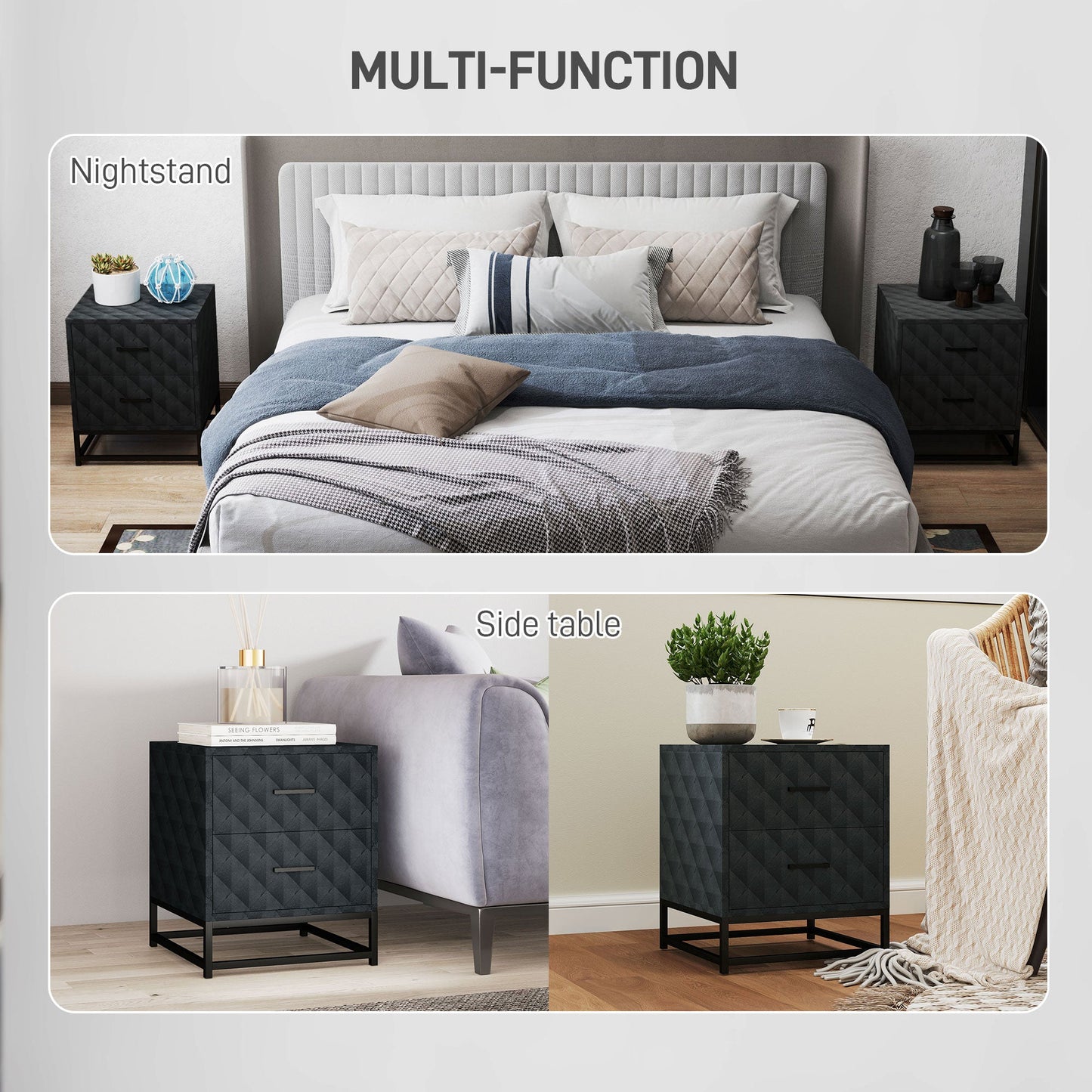 HOMCOM Bedside Tables Set of 2, Modern Bedside Table Nightstand with 2 Drawers, Bedside Cabinet Sofa Side Table with Storage, Steel Legs for Bedroom, Living Room, Black