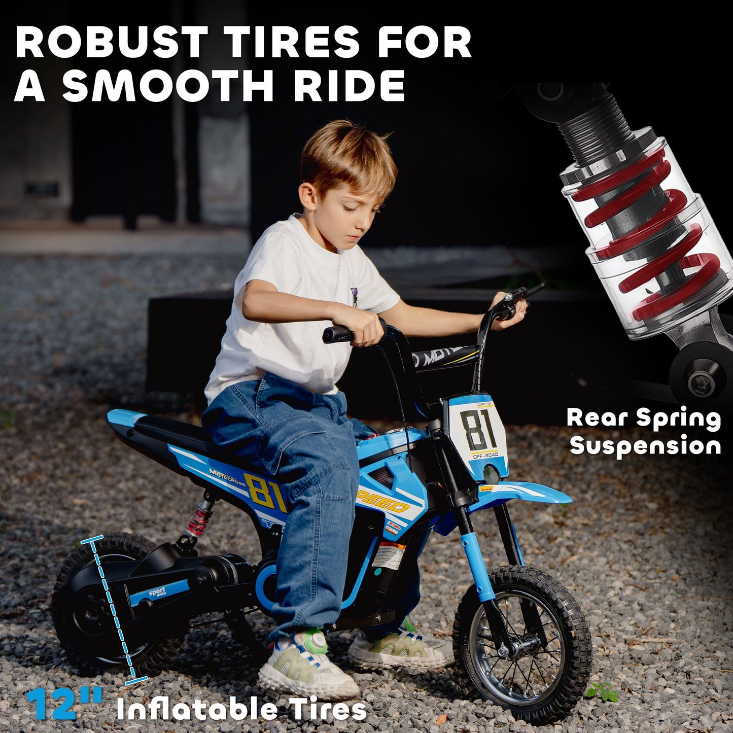 AIYAPLAY Kids Electric Motorbike, 24V Ride On Motorcycle with 3 Speeds and Rear Suspension, Dirt Bike for 8-12 Years Old, Blue