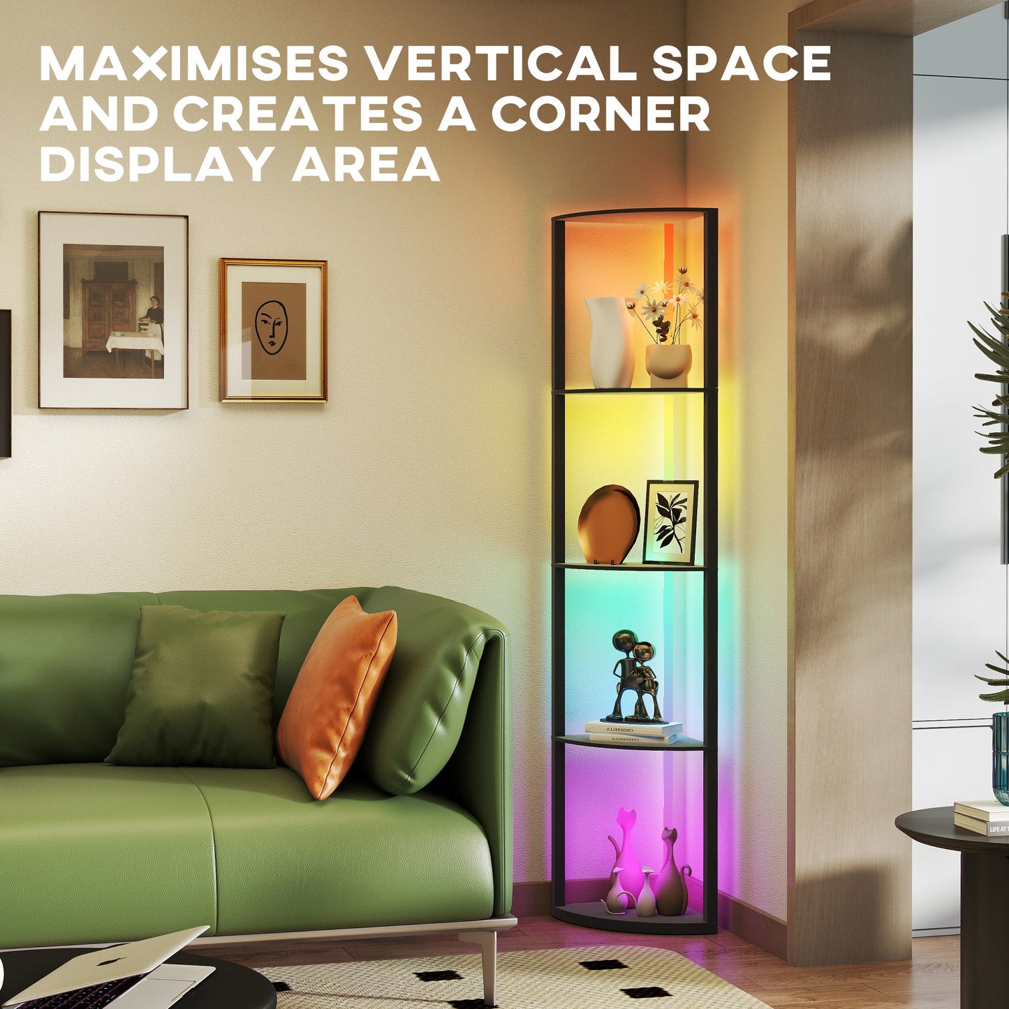 HOMCOM RGB LED Floor Lamp with Shelves, 5-Tier Dimmable Standing Lamp with Adjustable Brightness and Remote Control, Modern Corner Display Shelf Unit for Living Room Bedroom Office, Black