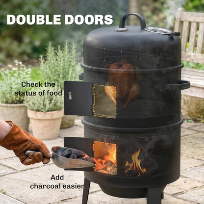 Outsunny 3-in-1 Vertical Charcoal Smoker with 2 Grill Grates, Built-in Thermometer, Adjustable Vent, 2 Doors