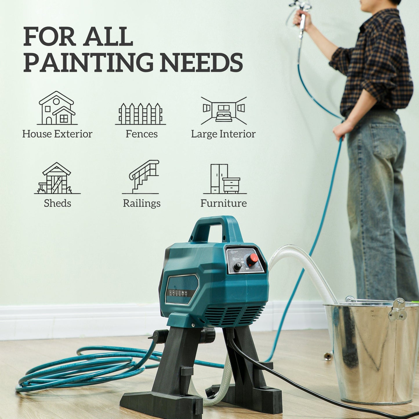 HOMCOM Airless Paint Sprayer, Thinning-Free, Electric Fence Paint Sprayer for Exterior and Interior DIY Painting Projects, Wall Spray Gun Machine, Household Use, 1.5L/min, 200 Bar, 7.5 m Hose