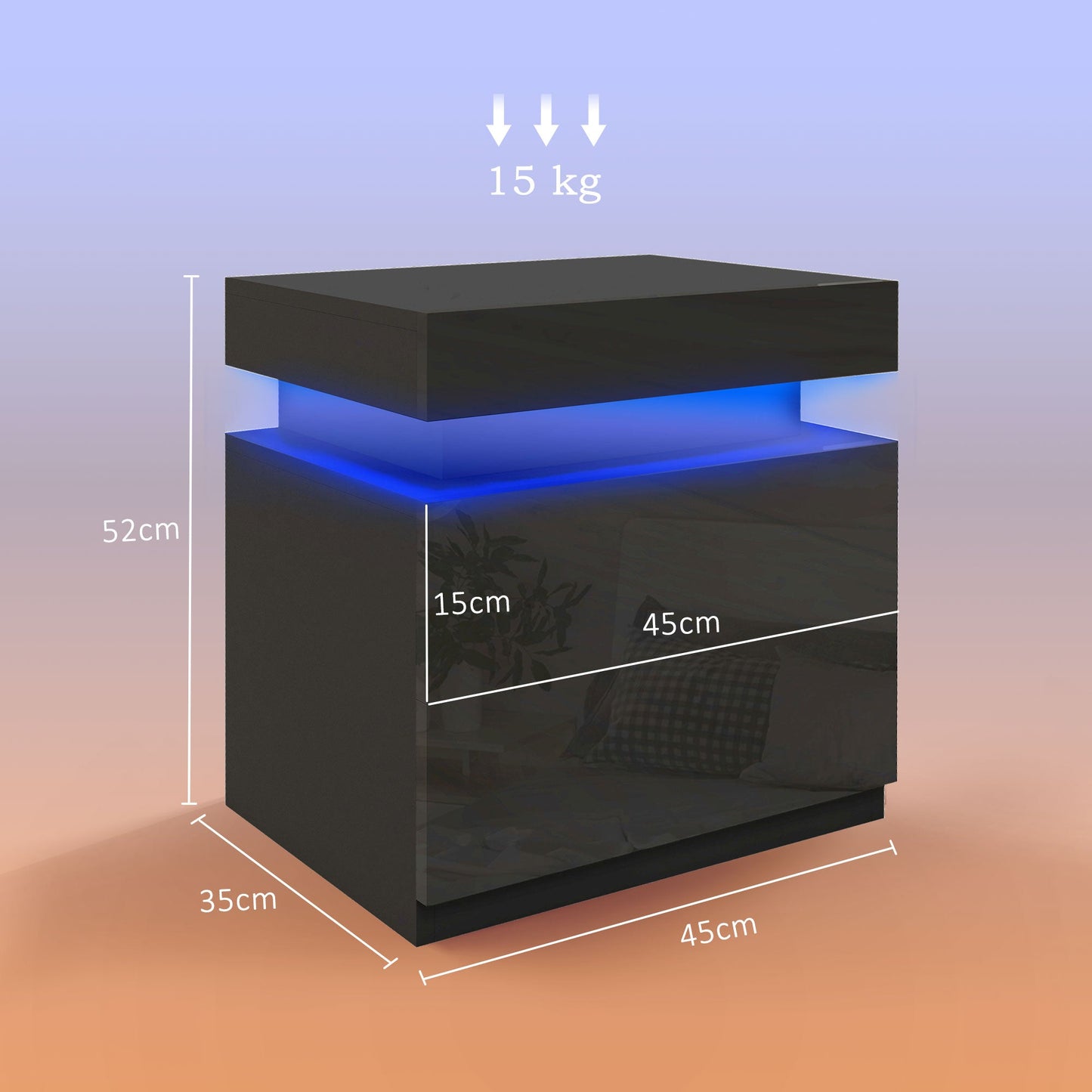 HOMCOM High Gloss Front Bedside Tables Set of 2, Nightstands with RGB LED Light and 2 Drawers, Chest of Drawers for Bedroom, Living Room, Black