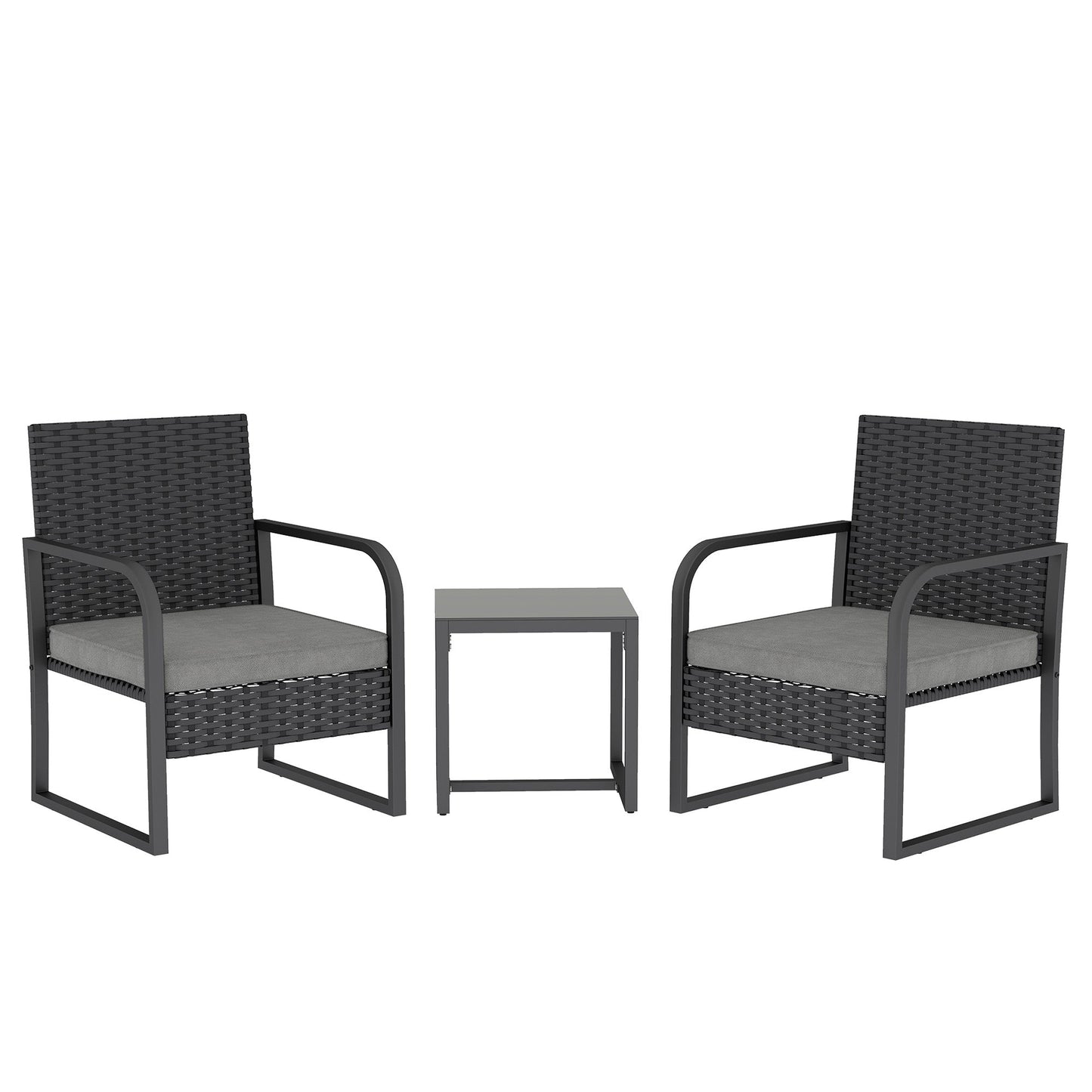Outsunny Rattan Bistro Set, 3 Piece Garden Furniture Set with Cushions and Glass Top Table, Black