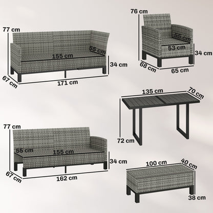 Outsunny 9 Seater Rattan Garden Furniture Corner Sofa Set, Outdoor Dining Set with Faux Wood Table, Ottoman, Cushions, Dark Grey