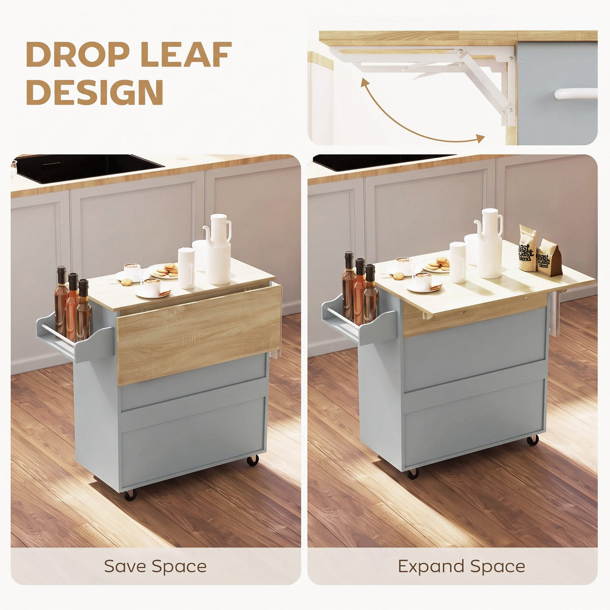 HOMCOM Kitchen Island with Drop Leaf, Rolling Kitchen Storage Trolley on Wheels with Drawer, Spice Rack and Towel Rack, Grey