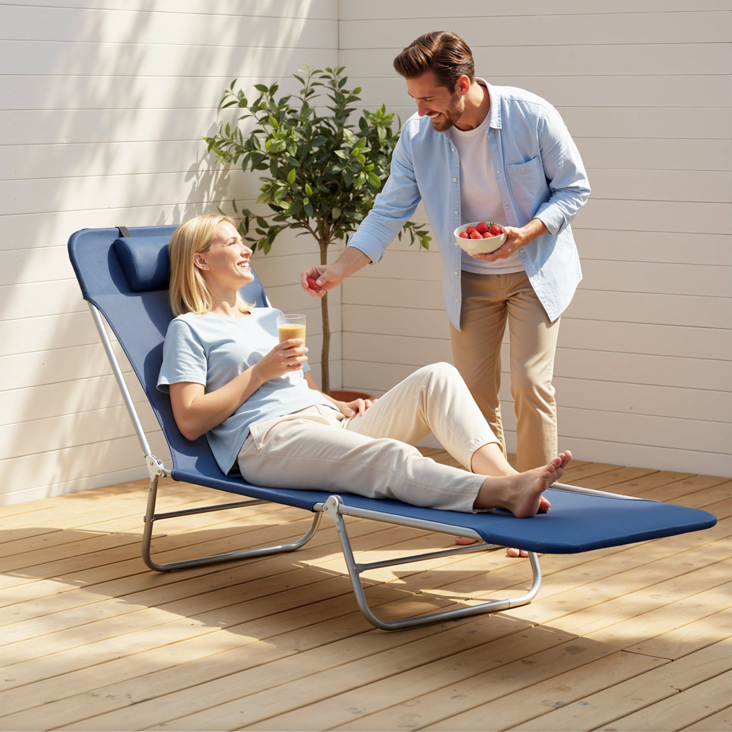 Outsunny Folding Sun Lounger with Head Pillow - Dark Blue