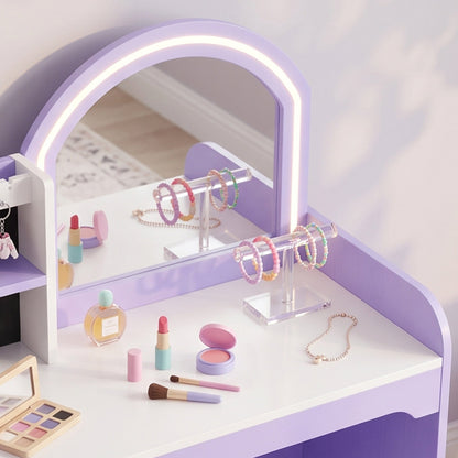 AIYAPLAY Kids Vanity Set, Kids Dressing Table with Stool, 2-Colour Lights Mirror, Pretend Dresser Gift for Ages 3-8, Purple