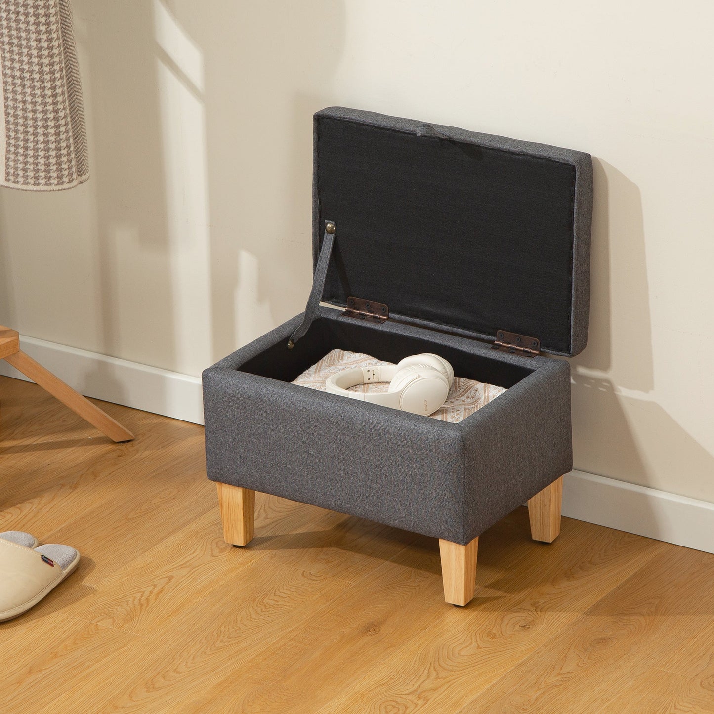 HOMCOM 16L Linen Storage Ottoman Padded Footstool with Rubberwood Legs for Storage Box, Bed End, Shoe Bench, Seating, Charcoal Grey