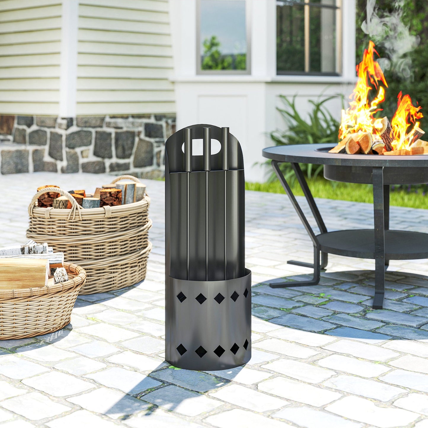 Outsunny 4 Pieces Fireplace Companion Set, Metal Fireplace Accessories Fireside Companion Set with Broom, Shovel, Poker, Bucket, Black