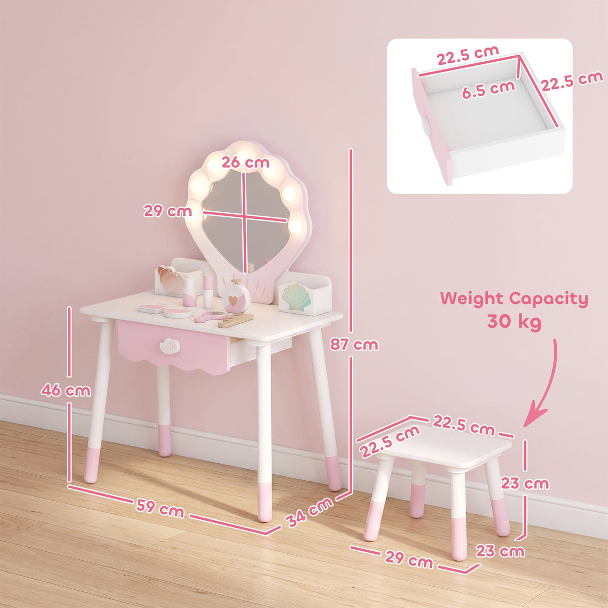 AIYAPLAY Kids Vanity Set, Kids Dressing Table with Chair, Acrylic Mirror, Lighted Bulbs, 7-Piece Accessories, for 3-8 Years, Pink