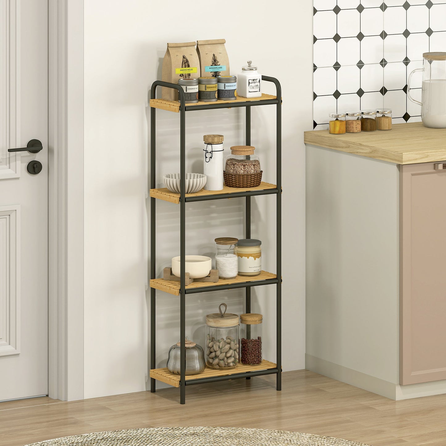 HOMCOM 4-Tier Bamboo Bathroom Storage Shelf, Freestanding Narrow Shelving Unit with Slatted Shelves for Kitchen Bathroom Living Room, 41.5 x 21.5 x 106 cm, Natural and Black