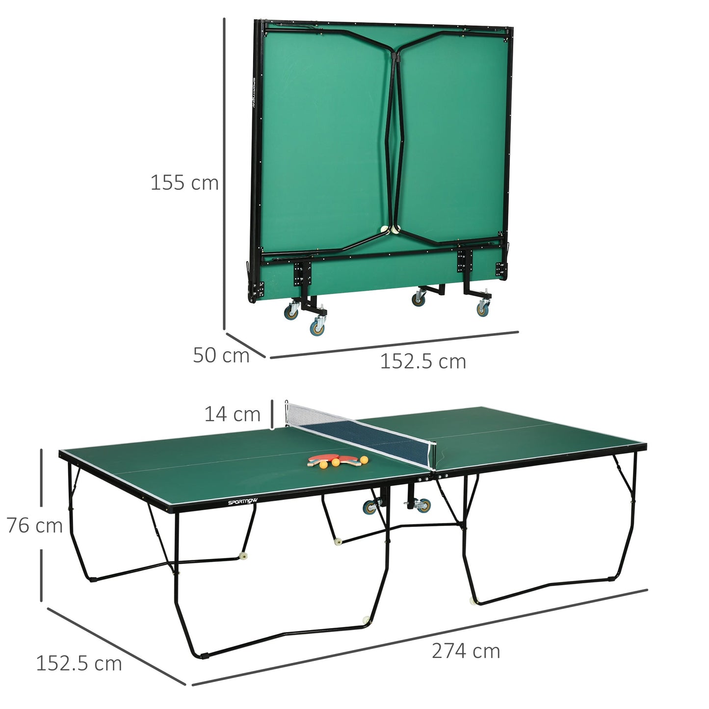 SPORTNOW 9FT Folding Table Tennis Table, with 8 Wheels, for Indoor Use - Green