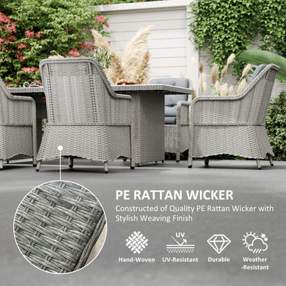 Outsunny 6 Seater Rattan Dining Set, Round PE Rattan Garden Furniture Set with Seat and Back Cushions, Aluminium Outdoor Dining Table and Chairs with 6 Armchairs, Rectangular Glass Top Table, Grey