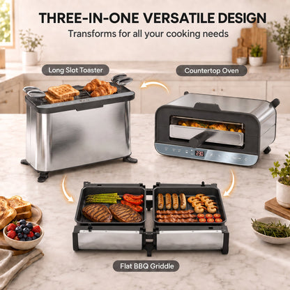 HOMCOM 3-in-1 Electric Mini Oven, Long Slot Toaster and Tabletop Grill, with LED Display, 60 Min Timer, Stainless Steel, 1700W
