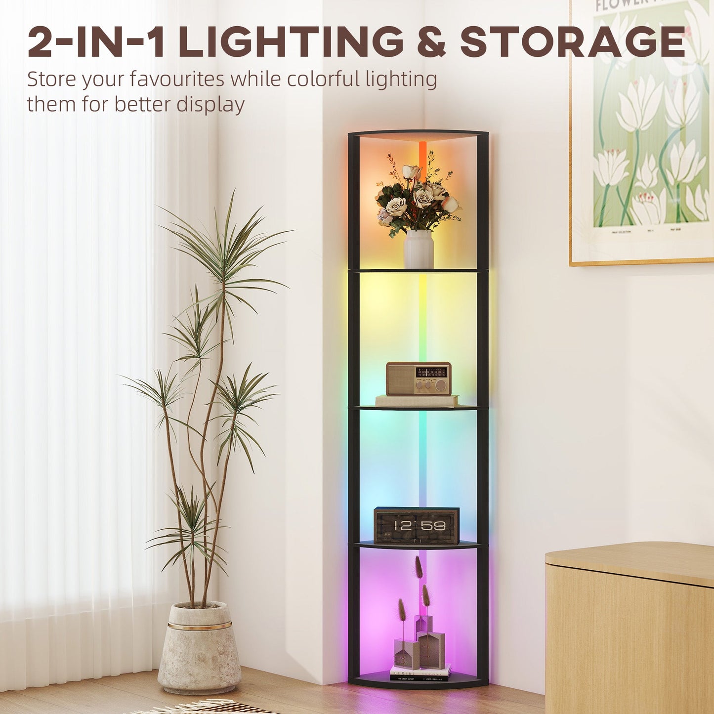 HOMCOM RGB LED Floor Lamp with Shelves, 5-Tier Dimmable Standing Lamp with Adjustable Brightness and Remote Control, Modern Corner Display Shelf Unit for Living Room Bedroom Office, Black