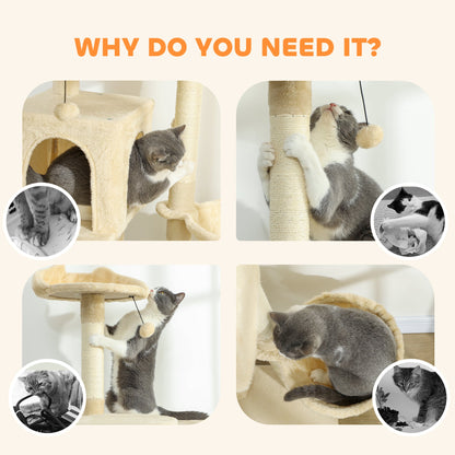 PawHut 140cm Large Cat Tree Tower with Sisal Scratching Posts, Plush Perches, Hammock, Beige