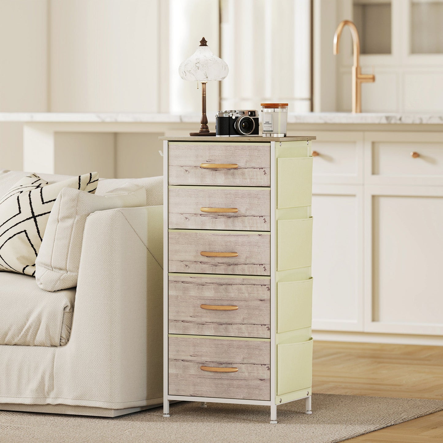 HOMCOM Chest of Five Fabric Drawers - Natural Wood Finish