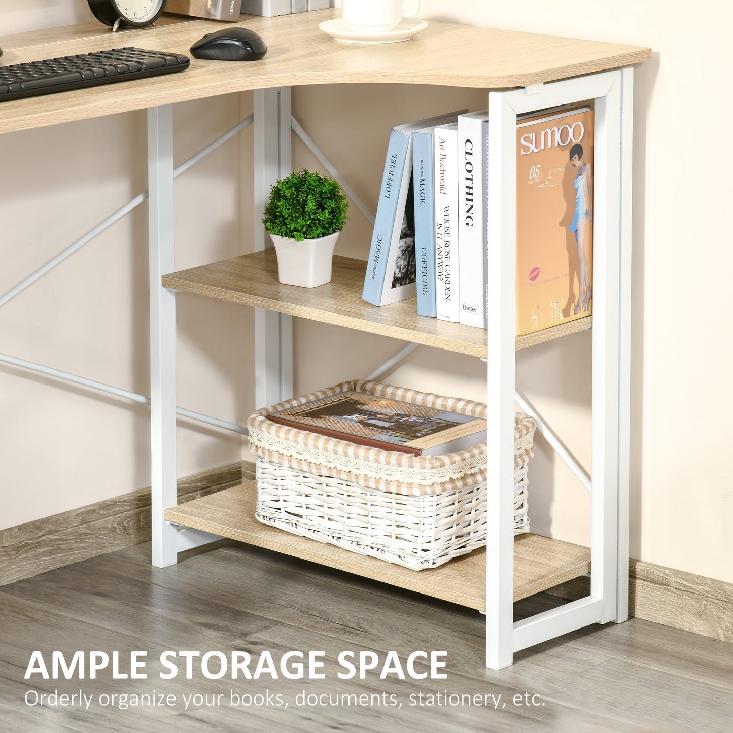 HOMCOM Folding Desk, L Shaped Desk, Corner Computer Desk with 2-Tier Storage Shelf for Home Office, Study Room, Workstation, Easy Assembly, 120 x 72.5 x 76.5cm, Oak Tone