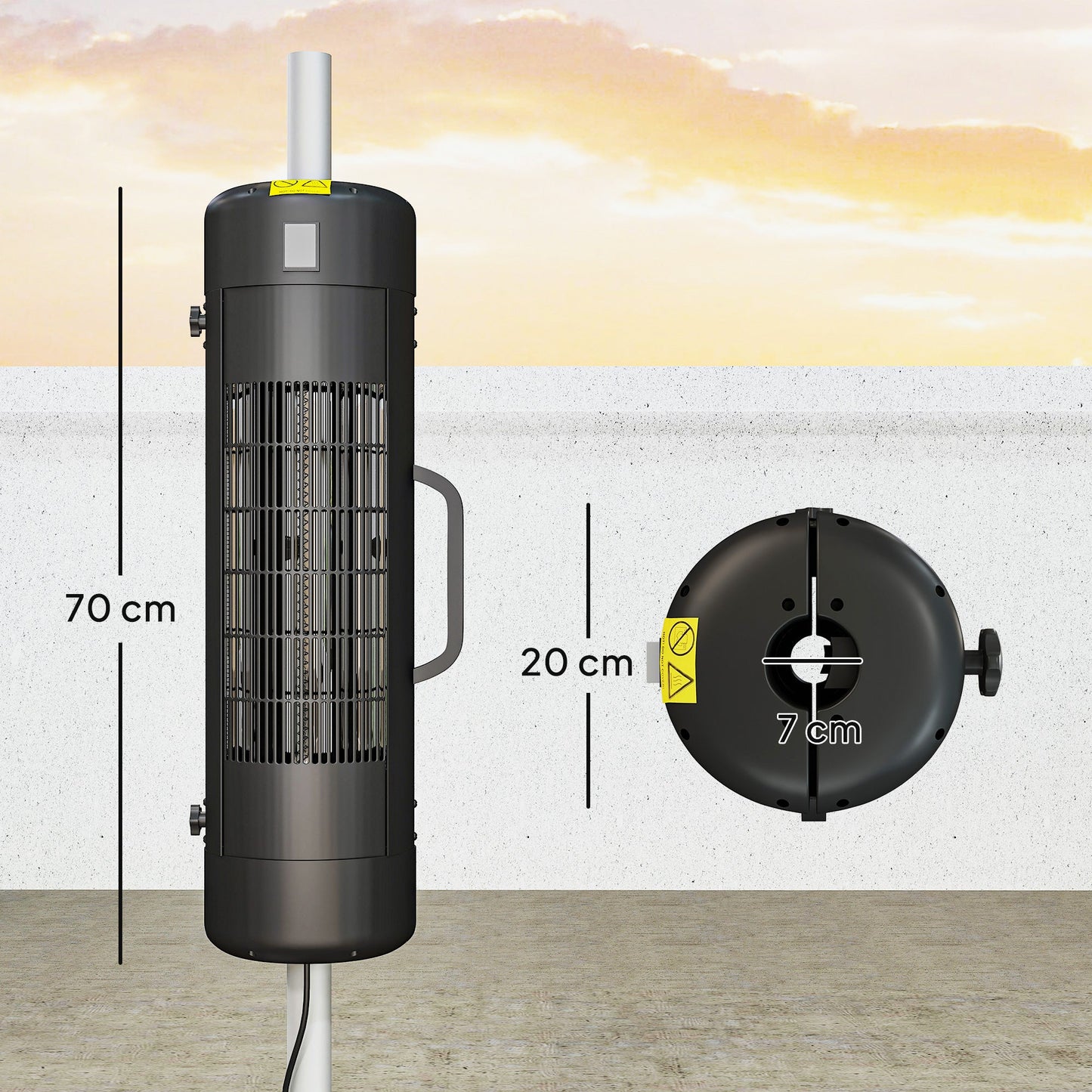 Outsunny Electric Umbrella Parasol Mounted Patio Heater for 25-70 mm Poles, 2000 W Outdoor Garden Heater with 2 Heat Setting, 6 ㎡ Coverage, Tip-Over Protection, Black