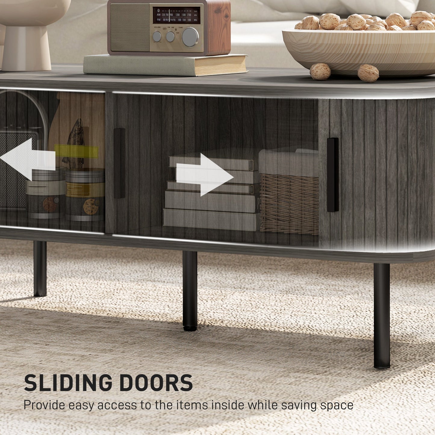 HOMCOM Coffee Table with Storage, Living Room Table with Slatted Tambour Sliding Doors and Foot Pads, Rectangular Coffee Table with Elevated Base for Living Room, Grey Wood-Effect