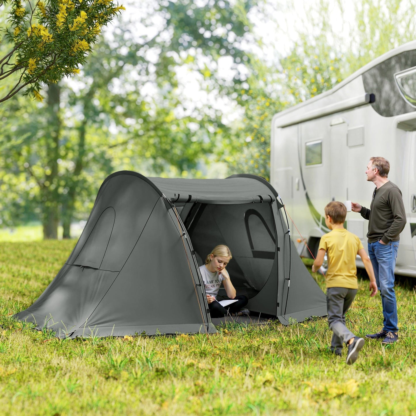 Outsunny 3 Man Camping Tent with Living Area and 2 Bedrooms, 3000mm Waterproof Family Tent with Sewn-in Groundsheet, Portable with Bag for Hiking, Festival, Backpacking, Drak Grey