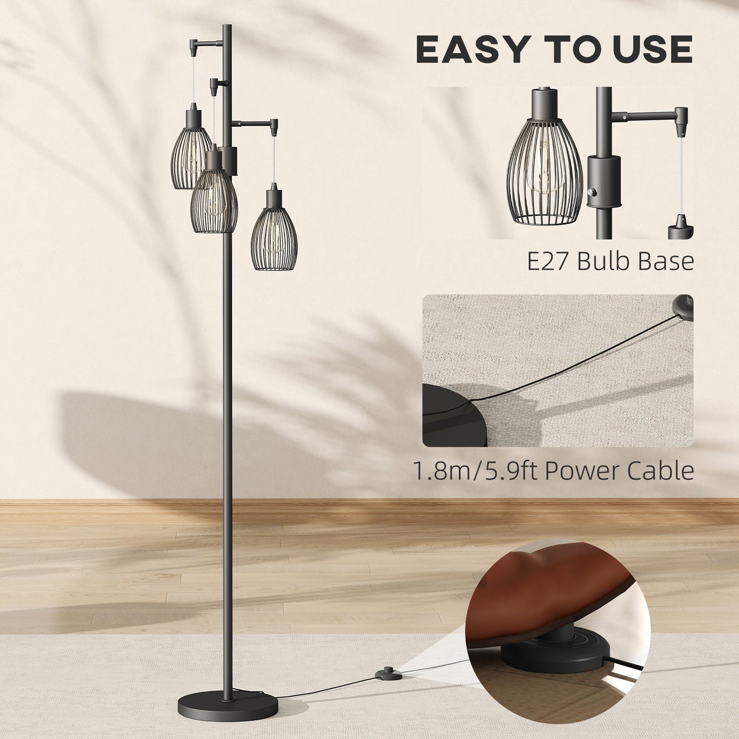 HOMCOM 3-Light LED Floor Lamp, 170cm Industrial Dimmable Standing Lamp with Steel Wire Cage Lampshades, 2700K for Living Room, Bedroom, Dining Room, Study, Black