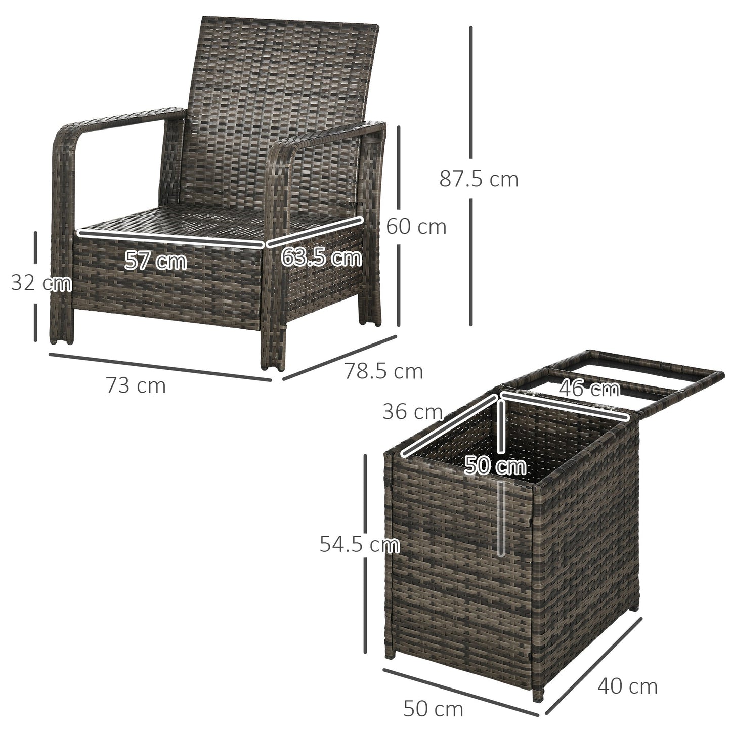 Outsunny 3 Pieces Rattan Bistro Set, Wicker Garden Furniture Set with Storage  Coffee Table and Chairs, Thickened Cushions for Outdoor, Patio, Balcony, Grey