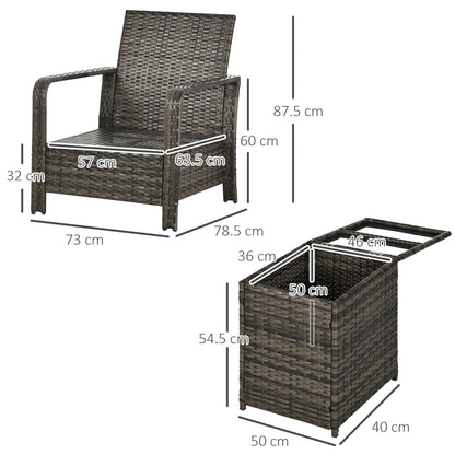 Outsunny 3 Pieces Rattan Bistro Set, Wicker Garden Furniture Set with Storage  Coffee Table and Chairs, Thickened Cushions for Outdoor, Patio, Balcony, Grey