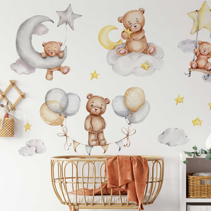 Sleeping Bears Wall Decal | Bears in the Air Nursery Wall Sticker | Clouds and Stars Wall Decor