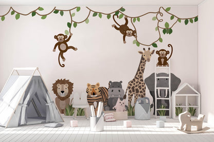Large Safari Animals and Monkey Wall Decals, Jungle Animal Wall Stickers, Nursery Wall Decals, Repositionable Jungle Wall Decals