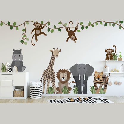 Large Safari Animals and Monkey Wall Decals, Jungle Animal Wall Stickers, Nursery Wall Decals, Repositionable Jungle Wall Decals