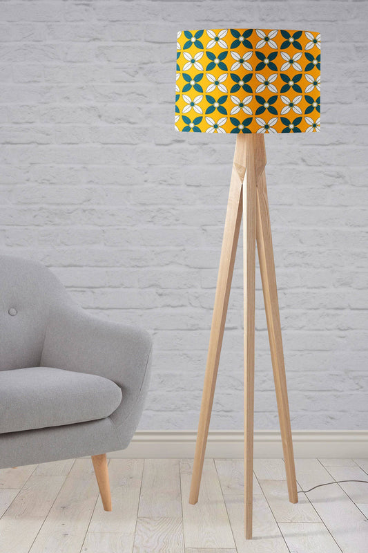 Yellow Lampshade with a  Retro Blue and White Design, Ceiling or Table Lamp Shade