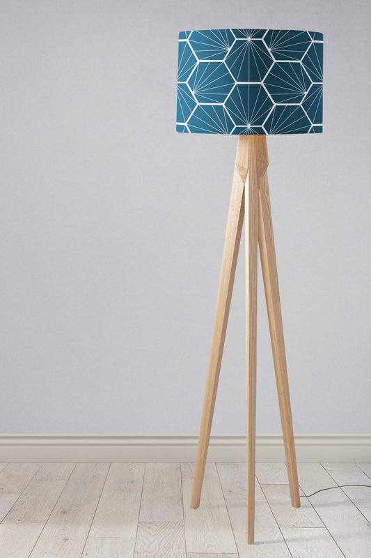Peacock Blue Lampshade with a White Hexagon Design, Ceiling  or Table Lamp Shade