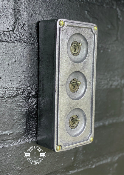 3 Gang 2 Way Solid Cast Metal Surface Mounting Conduit Light Switch Industrial - BS EN Approved Vintage 1950’s Britmac Style