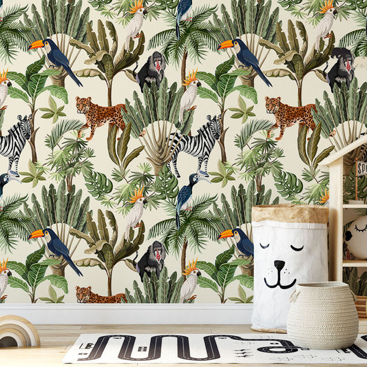 Playful Jungle Animals Watercolour Wallpaper for Nursery and Kids' Room Décor
