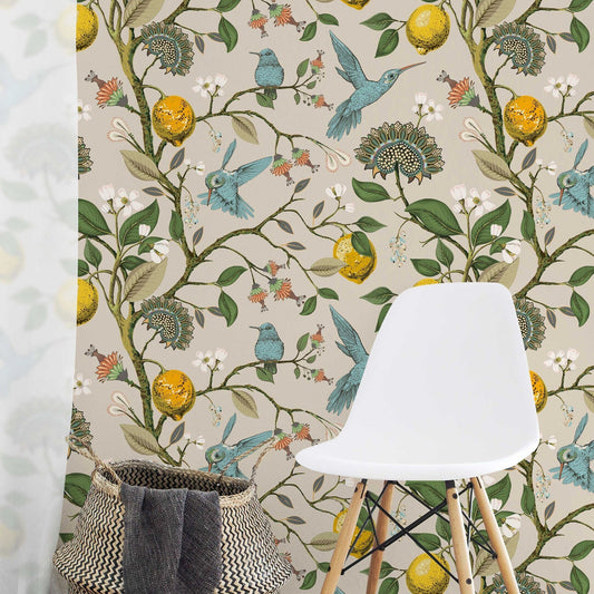 Lemon Grove Hummingbirds Peel and Stick Wallpaper - Removable Self-Adhesive for Nursery or Kitchen