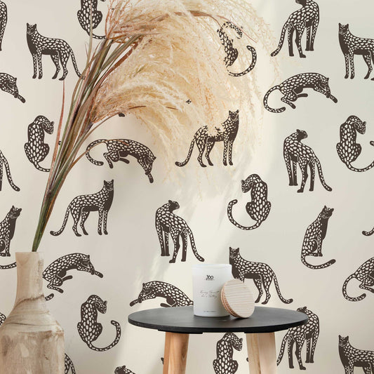 Leopards on Light Cream Background Removable Wallpaper | Self-Adhesive Fabric | Peel & Stick | Tropical Animal Wall Covering