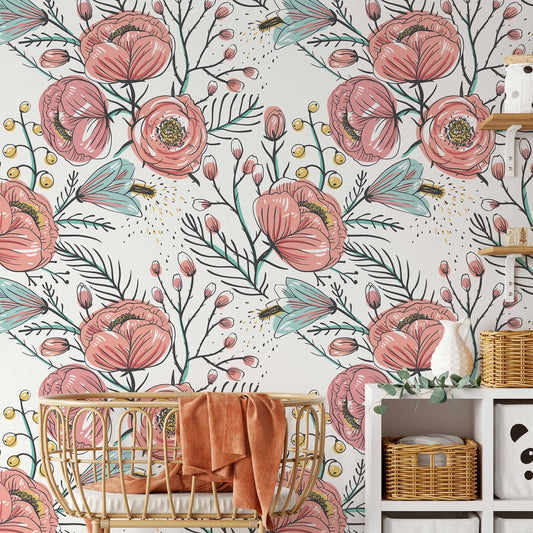 Anemone Fall Peel And Stick Wallpaper, Floral Wall Mural, Poppy Flowers Removable Wallpaper, Pink Wall Covering