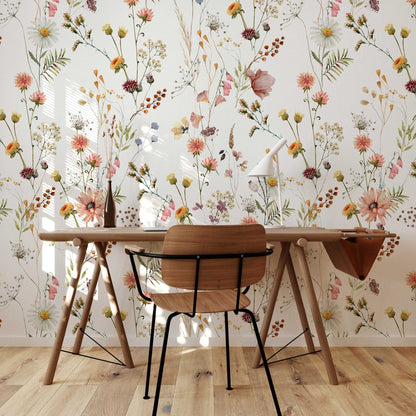 Watercolor Wild Flower Wallpaper | Soft Botanical Field Floral Wall Mural | Peel and Stick Little Florals with Grass Wallpaper